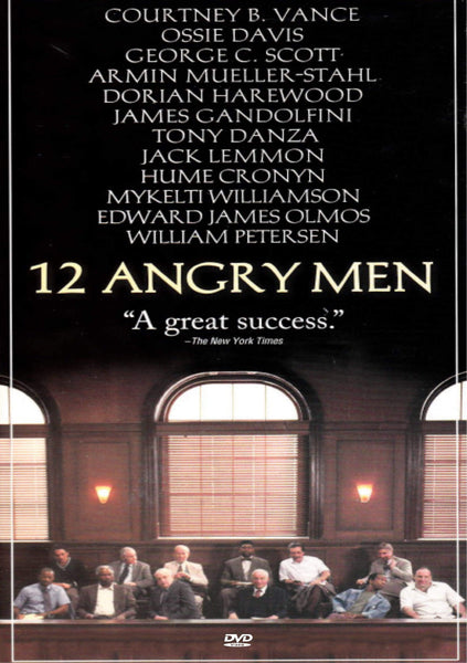DVD cover of the movie "12 Angry Men" featuring a cast list at the top. The title and a quote, "A great success. –The New York Times," are displayed in the middle. Below, an image of men sitting at a long table in a courtroom-like setting is shown.