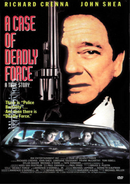 DVD cover of the film "A Case of Deadly Force" featuring a large, serious-faced portrait of a man, with text on the left stating the title and tagline. Below, several people are seen inside a car looking outward. The cast names are at the top.