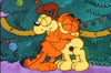 An animated scene depicts two dogs, one yellow with brown spots and the other orange, embracing each other affectionately. They are sitting against a decorated Christmas tree with colorful lights and ornaments.