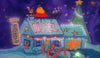 A brightly colored, animated Christmas scene shows a festively decorated motel with a large "NOEL" sign. A group of people, dressed in red, stand in front, and a large, adorned Christmas tree is on the right. Snow and colorful lights enhance the holiday atmosphere.