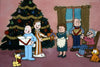 A cartoon-style image depicts a family celebrating Christmas. Five family members, dressed in pajamas, stand next to a decorated Christmas tree while interacting together. One is in a rocking chair with slippers and a cat. Gift boxes and a small dog are scattered around.