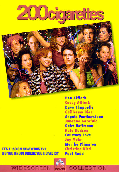 200 Cigarettes (1999) DVD cover features a vibrant group photo of the cast surrounded by festive New Year’s decorations, with a bold yellow list of actor names alongside them. Ideal for collectors seeking rare movies or anyone looking to add classic films to their DVD library, this edition makes a standout addition to any collection. The bottom of the cover playfully asks, “Do you know where your date is?”.