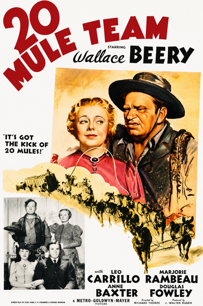 Bring home the classic Western with the 20 Mule Team (1940) DVD! This movie poster showcases illustrated faces of a smiling woman and a man in a miner’s hat, a mule team below, three inset character photos, and bold red title text at the top—a perfect tribute to this iconic borax mining film. Ideal for Western cinema collectors or anyone seeking the 20 Mule Team (1940) DVD for their collection.