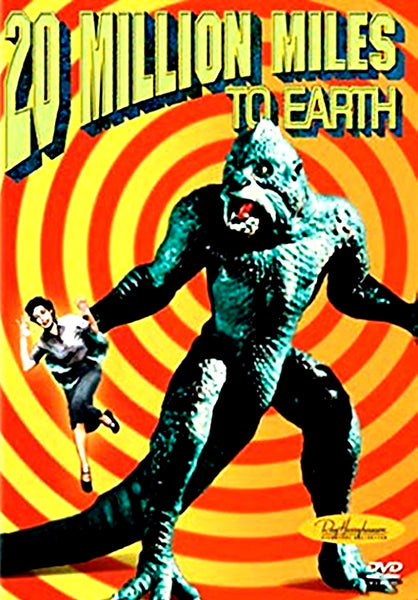 A towering reptilian creature looms over a running woman set against a vivid red and yellow spiral backdrop, capturing the excitement of rare film collections, with the text “20 Million Miles to Earth DVD 1951.”.