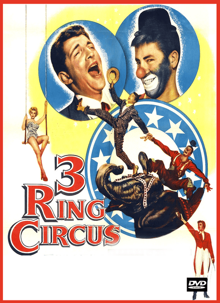 Add a must-have addition to your collection with the 3 Ring Circus (1954) DVD—its vibrant cover showcases two laughing men, circus performers, a swinging woman, clowns, and an elephant set against a lively circus-themed background, making it perfect for fans of rare and hard-to-find classic movies on DVD.