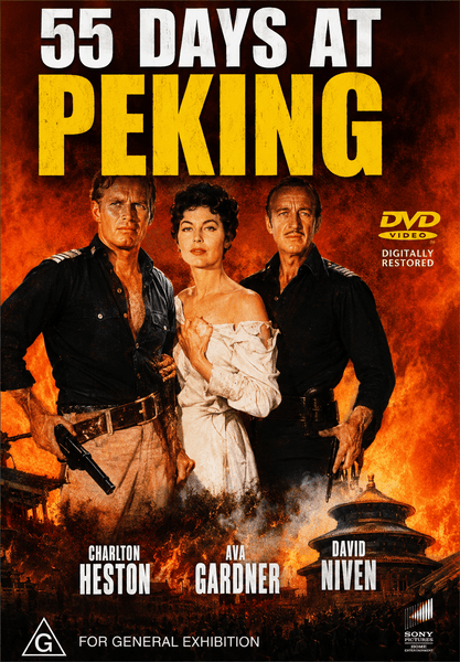 Three figures in historical costume stand before blazing buildings, with bold yellow text announcing "55 Days at Peking." Below, the names Charlton Heston, Ava Gardner, and David Niven showcase the celebrated cast of this classic film, available as the "55 Days at Peking DVD." A DVD Video logo appears on the right.