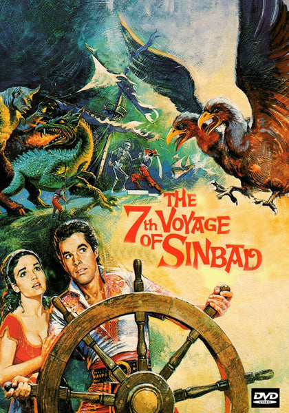 A vibrant movie poster for The 7th Voyage of Sinbad depicts Sinbad and a woman at a ship’s wheel, encircled by mythical creatures including a dragon and a giant bird, with ships and action scenes in the background—a must-have addition for fans of classic cinema or collectors looking for rare, hard-to-find films like The 7th Voyage of Sinbad DVD (1958).