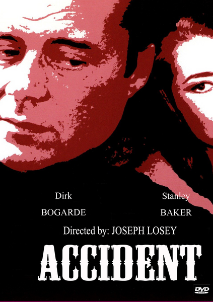 The stylized movie poster for Accident DVD (1967) features two serious faces in red and black, making it a rare find for collectors and classic film fans starring Dirk Bogarde and Stanley Baker.