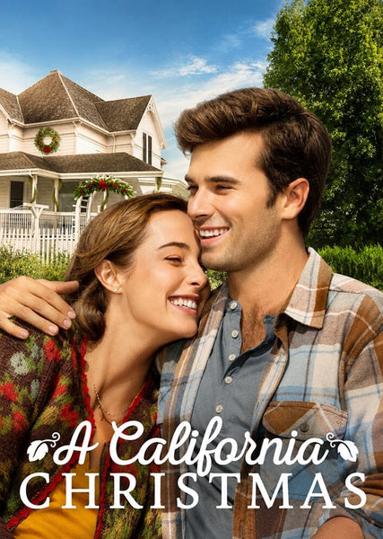 A smiling couple embraces in front of a white house adorned with Christmas wreaths, while the text “A California Christmas: City Lights (2021) DVD” is displayed at the bottom. Trees and a blue sky in the background create a cozy scene that’s perfect for enthusiasts of holiday romance and classic movies on DVD.