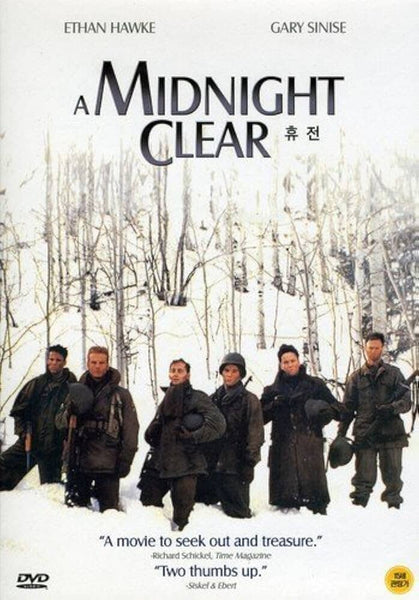 A Midnight Clear (1992) DVD cover shows Ethan Hawke and six soldiers in winter uniforms standing in a snowy Ardennes forest under the movie title and actors’ names, with review quotes displayed at the bottom.