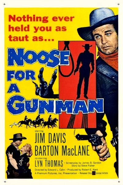 The A Noose for a Gunman (1960) DVD features a vintage movie poster with a cowboy in a hat and red bandana, shadowy gunman, lasso, and bold red and blue text—ideal for classic Western fans.