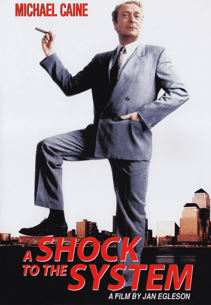 The DVD cover for "A Shock to the System (1990)" features a suited man with a cigar, confidently posed over a city skyline. Directed by Jan Egleson, this NTSC Region ALL DVD stars Michael Caine.
