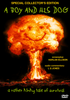 The DVD cover for A Boy and His Dog (1975) DVD, a post-apocalyptic cult film, features an orange nuclear explosion with a smiley face in the mushroom cloud, yellow and white text, and the tagline “a rather kinky tale of survival.”.