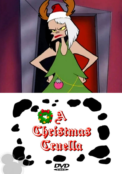 A cartoon woman with half-black, half-white hair wears reindeer antlers and a green ornamented dress. Below her, red holiday-themed text reads “A Christmas Cruella,” accented with black spots for a playful tribute to the Cruella de Vil movie. The perfect addition for fans and collectors of classic films, the A Christmas Cruella DVD captures festive vintage style!.