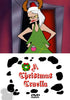 A cartoon woman with half-black, half-white hair wears reindeer antlers and a green ornamented dress. Below her, red holiday-themed text reads “A Christmas Cruella,” accented with black spots for a playful tribute to the Cruella de Vil movie. The perfect addition for fans and collectors of classic films, the A Christmas Cruella DVD captures festive vintage style!.