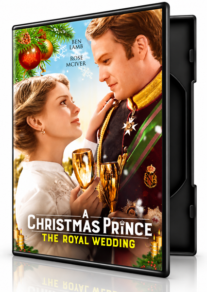 DVD case for A Christmas Prince: The Royal Wedding (2018) DVD, featuring a woman and a man in military regalia holding gold goblets with cast names printed at the top.