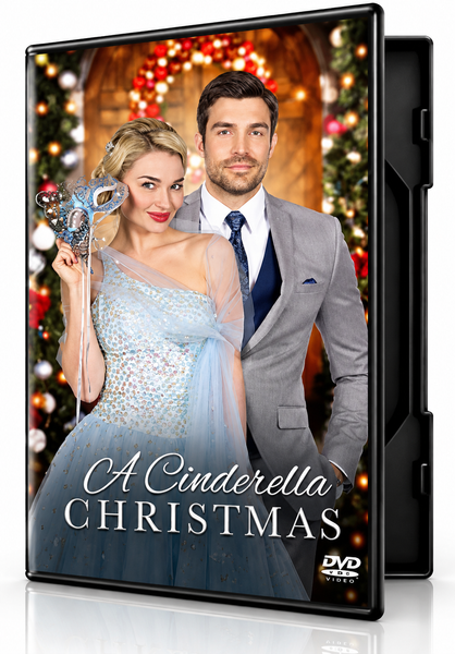 A woman in a formal gown holding a masquerade mask and a man in a suit stand together in front of a Christmas wreath on the cover of A Cinderella Christmas (2016) DVD.
