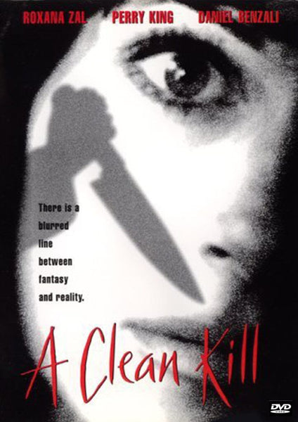 A shadow of a hand holding a knife looms over a grayscale close-up of a woman's face. The text reads: "There is a blurred line between fantasy and reality." A Clean Kill DVD (1999). Perfect for collectors of rare movies on DVD, this gripping thriller is now available. Actor names appear at the top of the cover.