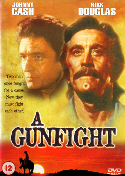 DVD cover for A Gunfight (1971) DVD featuring portraits of Johnny Cash and Kirk Douglas, a sunset background with a cowboy on horseback, and text outlining the film’s premise. This release is ideal for collectors of rare DVDs or fans of classic cinema looking to add this hard-to-find movie to their collection.