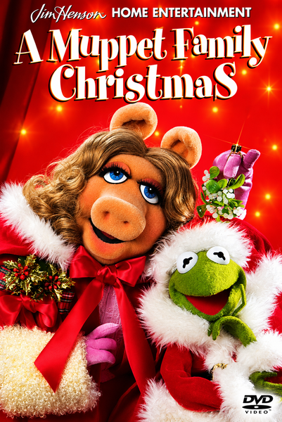 Miss Piggy and Kermit the Frog, wearing festive holiday outfits, smile beneath a banner that proclaims “A Muppet Family Christmas” on the vibrant red, sparkly cover of the A Muppet Family Christmas DVD (1987)—an ideal choice for fans of rare classic movies on DVD and anyone who loves this timeless Muppets Christmas special.