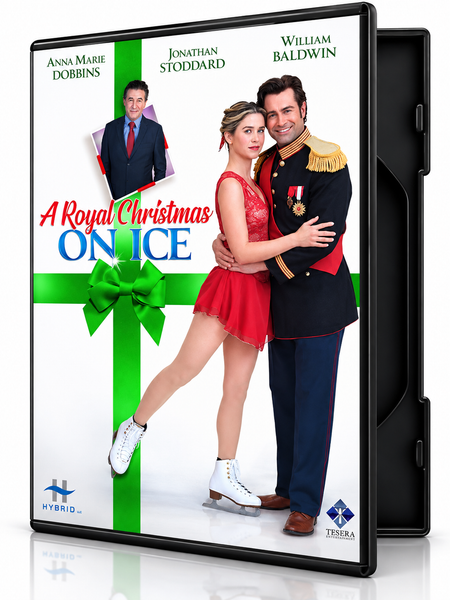 The A Royal Christmas on Ice DVD case shows a figure skater in a red dress embracing a man in a military-style uniform, with a smaller image of a man in a suit above them and the movie title across the center.