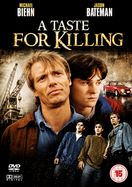 DVD cover for A Taste For Killing DVD (1992) showcasing two men in the foreground, construction cranes, and two more men standing below. The title and actors’ names are displayed at the top, along with a visible age rating 15 icon. This suspenseful movie is an excellent addition to any rare DVD collection.