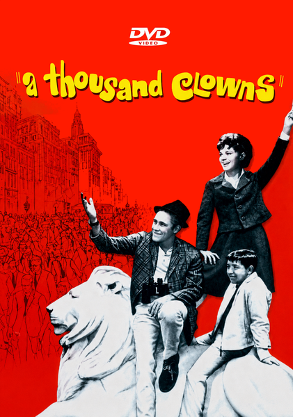 The DVD cover for A Thousand Clowns DVD (1965) features three people—two adults and one child—sitting and posing on a white lion statue, set against a red background with a cityscape outline. The standout yellow title text appears above them, making this hard-to-find classic movie an excellent addition to any rare DVD collection.
