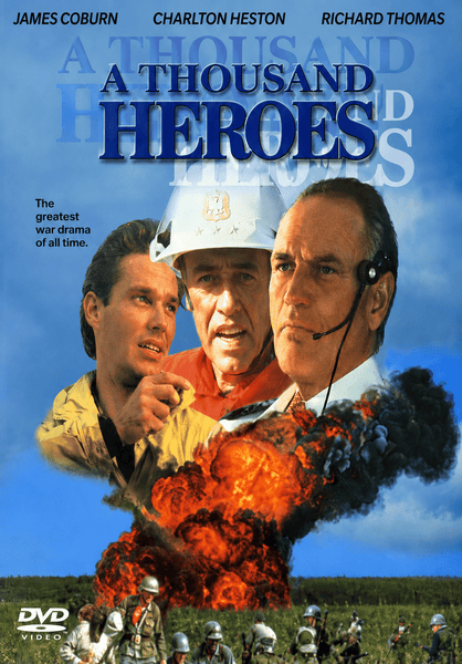 DVD cover for A Thousand Heroes DVD (1992), a compelling entry among classic movies on DVD, showcases three men—one in a firefighter helmet—amidst smoke, fire, and rescue workers at the bottom. The cloudy blue sky and actors’ names add to the dramatic backdrop of this rare 1992 film available on DVD.