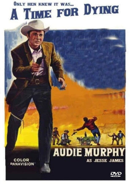 Show off your love for classic Westerns with this striking "A Time for Dying (1969) DVD" movie poster, featuring a dramatic sunset background, a man in a cowboy hat wielding a gun, and tense standoff figures. The artwork highlights Audie Murphy as Jesse James and makes an ideal collectible or display piece for fans of rare classic movies and western memorabilia alike.