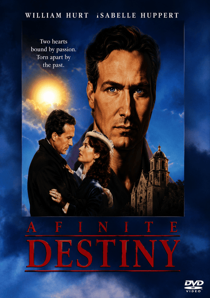 Movie poster for A Time of Destiny (1988) featuring William Hurt and Isabelle Huppert. It shows a large portrait of Hurt behind a smaller image of Hurt and Huppert embracing in front of a stone building, all set against a stormy, sunlit sky—a stunning addition to any collection of classic movies on DVD or rare movies on DVD.
