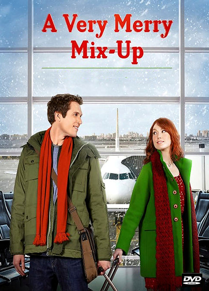 A man and woman dressed in winter attire stand in an airport, with a plane visible through the snowy window. Above them, the text reads “A Very Merry Mix Up.” With its classic holiday romance feel, the scene is ideal for collectors and fans seeking rare DVDs like the A Very Merry Mix Up (2013) DVD.