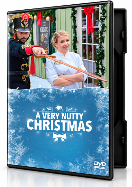 On the DVD cover for A Very Nutty Christmas, a man dressed as a nutcracker holds a sword toward a woman in a chef’s coat against a blue, snowy background.