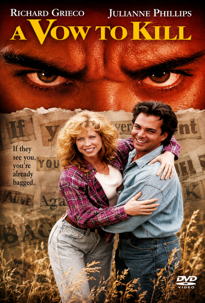 In a dramatic scene from the rare Vow To Kill DVD (1995), a man and woman embrace with tense smiles in an open field, while intense eyes loom above them. The names Richard Grieco and Julianne Phillips appear with the film’s title, “A Vow to Kill,” set against a backdrop of torn newspaper clippings that intensify the suspenseful, classic thriller atmosphere.