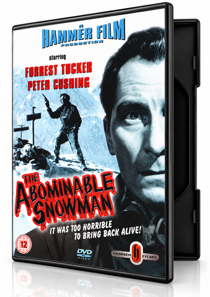 DVD case for The Abominable Snowman (1957) featuring a close-up of a man’s face, a hiker in a snowy mountain landscape, and the title.