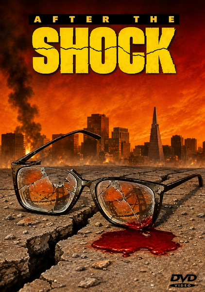 Cracked eyeglasses with blood rest on shattered pavement, mirroring a devastated city skyline beneath an orange sky. Bold yellow text spells After The Shock, capturing the intense realism of this rare disaster drama. The DVD Video logo marks the corner, identifying this 1990 film—After The Shock DVD—as a gripping San Francisco earthquake movie for any collection.