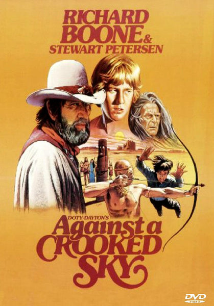 Against a Crooked Sky DVD features an illustrated cover showcasing the faces of a bearded man in a hat, a young blonde man, and an older woman, along with dynamic action scenes set against an orange background—an eye-catching design ideal for collectors of rare movies on DVD or enthusiasts of classic Western movie DVDs.