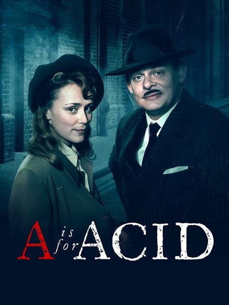 On a dim, foggy street, a woman in a coat and beret stands with a man in a suit and fedora. The text reads "A is for Acid," referencing the rare true crime documentary A Is For Acid (2002) DVD, now available.