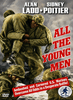 War movie cover depicts soldiers in green uniforms carrying an injured companion. Bold red text displays ALL THE YOUNG MEN. Bottom banner reads: "Ambushed and Cornered U.S. Marines Overcome All Odds in a Desperate Battle!" Starring Sidney Poitier, this powerful Korean War drama is available on the All The Young Men DVD (1960).