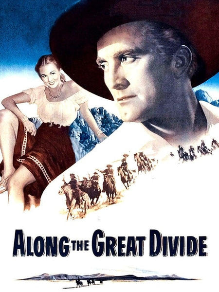 Movie poster for Along the Great Divide (1951) DVD, a classic western featuring Kirk Douglas as a stern cowboy in a hat, a cheerful woman seated, horse riders in motion, and majestic mountains behind them. This rare DVD edition brings to life the rugged spirit and dramatic scenery of an unforgettable era.