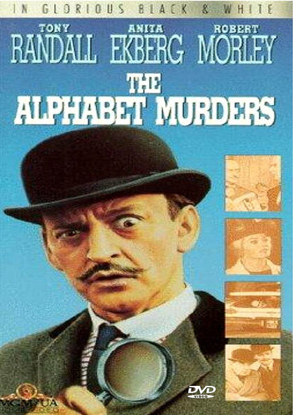The DVD cover for The Alphabet Murders DVD (1965) features a man in a bowler hat with a mustache holding a magnifying glass, surrounded by comic-style panels depicting scenes from the film and actors’ names displayed at the top—an ideal choice for fans wanting to add this classic Agatha Christie adaptation featuring Hercule Poirot to their DVD collection.