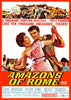 Movie poster for Amazons of Rome (1961) DVD shows a man and woman in striking poses, ancient warriors fighting in the background, with bold red and yellow text promoting this vintage classic movie.