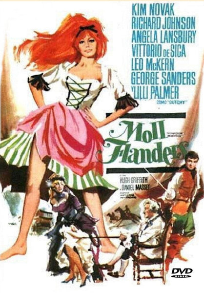 A colorful movie poster for The Amorous Adventures of Moll Flanders DVD (1965) features a red-haired woman in period clothing, surrounded by illustrated figures. Cast names are listed on the right, and a DVD logo appears in the bottom right corner—perfect for collectors of classic movies on DVD or anyone seeking the rare The Amorous Adventures of Moll Flanders (1965) DVD for their collection.
