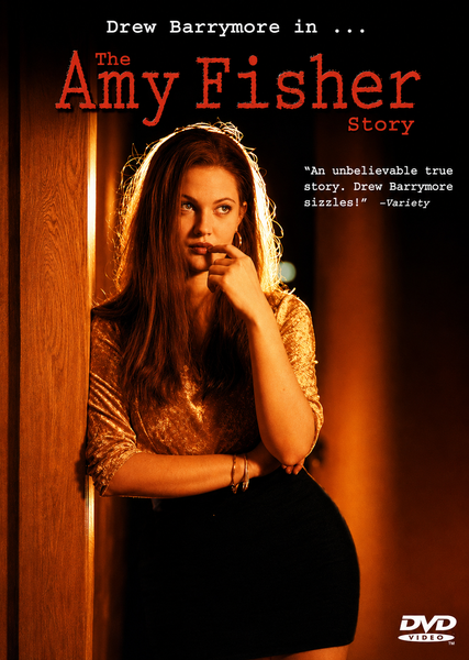 The DVD cover for The Amy Fisher Story DVD (1993) features Drew Barrymore in a gold top, leaning against a door with a pensive expression. Red and white text displays the title, a review quote, and “Drew Barrymore in...” at the top. This rare classic is a highlight among Amy Fisher Story DVD releases.