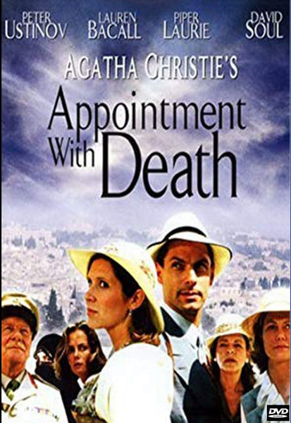 DVD cover for Appointment With Death DVD (1988), showcasing a group of people in period clothing and hats set against a backdrop of a desert landscape and city. The names of the leading actors are displayed, along with the title and Agatha Christie’s name featured prominently on this classic mystery movie—a must-have addition for collectors seeking rare movies on DVD.