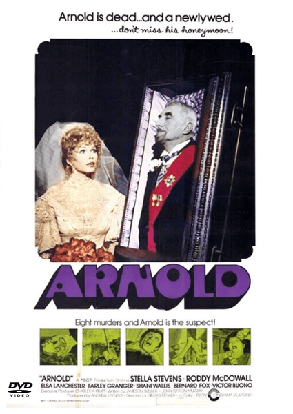 A bride in a wedding gown stands beside a framed portrait of a man in a coffin, with the text "Arnold is dead...and a newlywed." Movie title Arnold appears, accompanied by small images of green-tinted scenes that highlight the unique charm of this rare cult classic. Experience the twisted humor of this dark comedy with the Arnold DVD (1973).