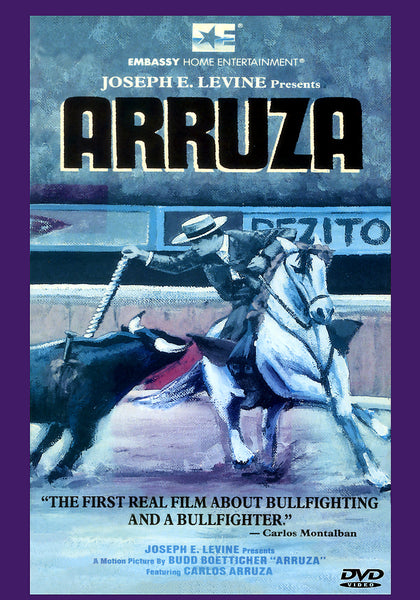 The Arruza DVD (1967) features a vividly painted cover depicting a bullfighter energetically confronting a bull in the arena. The text highlights “ARRUZA” and “The first real film about bullfighting and a bullfighter,” underscoring this compelling biography of legendary Mexican matador Carlos Arruza. With its bold colors and dynamic design, this DVD case makes an essential addition for any fan of bullfighting documentaries.