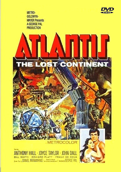 DVD cover for Atlantis: The Lost Continent DVD (1961), showcasing vivid fantasy artwork with ancient monuments, flowing lava, and key characters, the title boldly displayed in red lettering and cast credits along the bottom—a must-have for collectors seeking rare DVD releases.