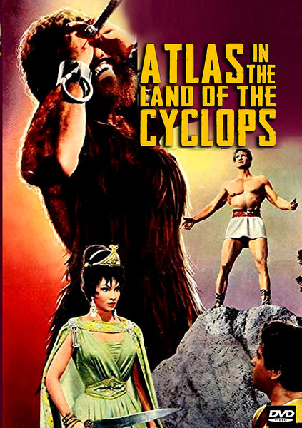 Movie poster for Atlas in the Land of the Cyclops DVD (1961), featuring striking artwork with a giant Cyclops, a powerful hero in a white skirt standing on rocks, and a woman in a green dress beneath bold yellow lettering—a must-have collector’s item for fans of rare and classic DVDs starring legendary strongman Maciste.
