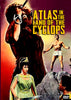 Movie poster for Atlas in the Land of the Cyclops DVD (1961), featuring striking artwork with a giant Cyclops, a powerful hero in a white skirt standing on rocks, and a woman in a green dress beneath bold yellow lettering—a must-have collector’s item for fans of rare and classic DVDs starring legendary strongman Maciste.