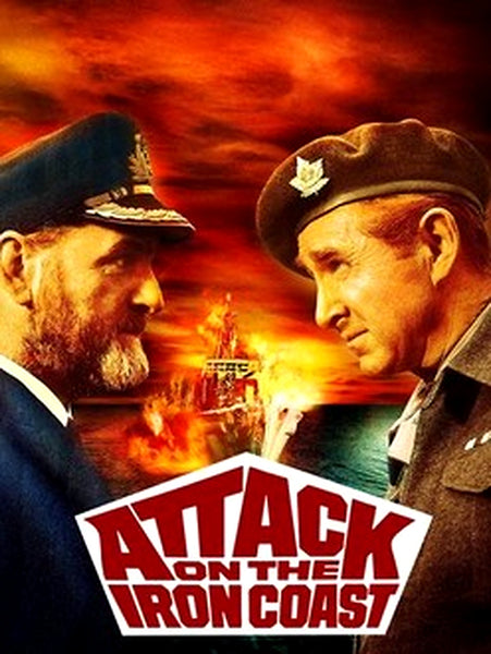 Two men in military uniforms confront each other with intensity, set against a backdrop of a ship and a blazing explosion. The bold red and white title, Attack on the Iron Coast (1968) DVD, anchors the scene, embodying the gripping atmosphere of this World War II drama—an essential addition for classic movie collectors or anyone looking for the Attack on the Iron Coast (1968) DVD.